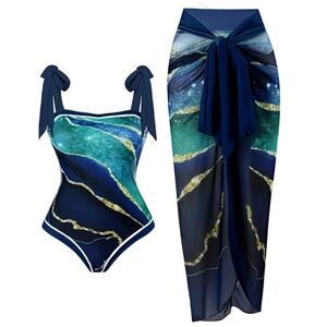 Ocean Aqua Blue Tie-Shoulder One-Piece Bathing Suit w Skirt Wrap Set (0X)